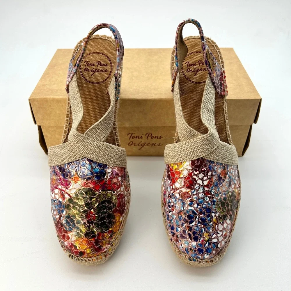 Wedge Espadrille Sandals Toni Pons Telva Womens Sz 7.5 Colorful Floral Print NEW